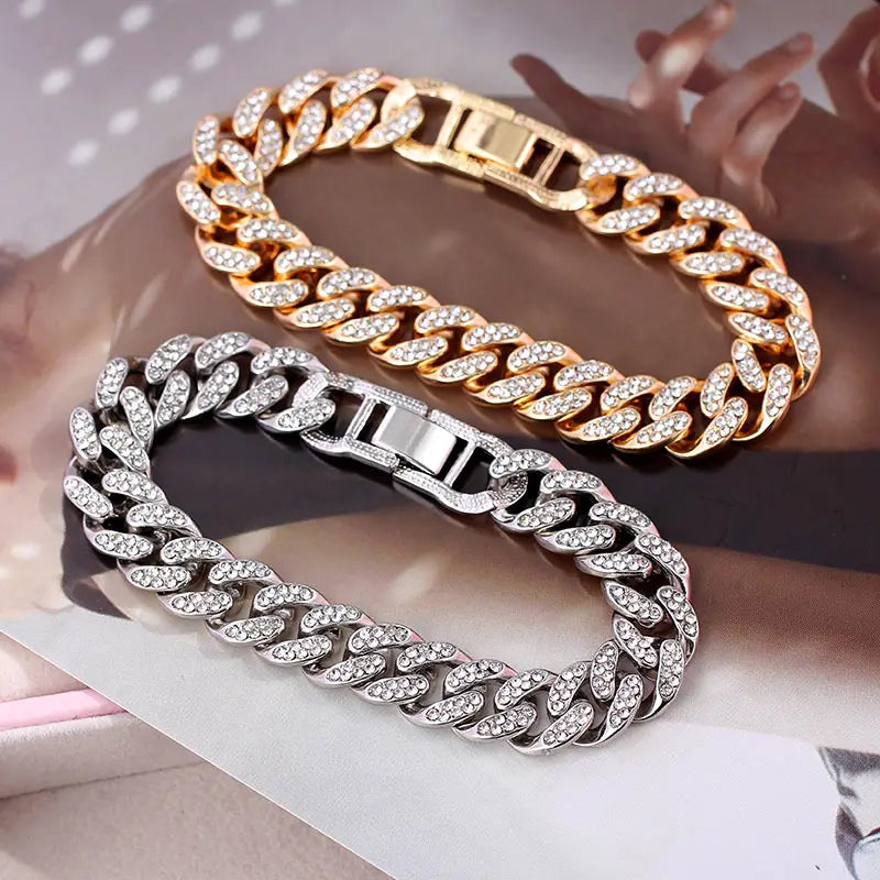 New Fashion Luxury 12mm Iced Out Cuban Link Chain Bracelet for Women Men Gold Silver Color Bling Rhinestone Bracelet Jewelry