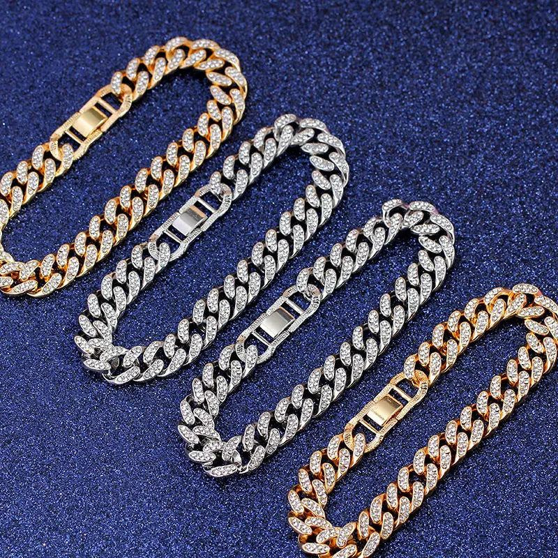 New Fashion Luxury 12mm Iced Out Cuban Link Chain Bracelet for Women Men Gold Silver Color Bling Rhinestone Bracelet Jewelry