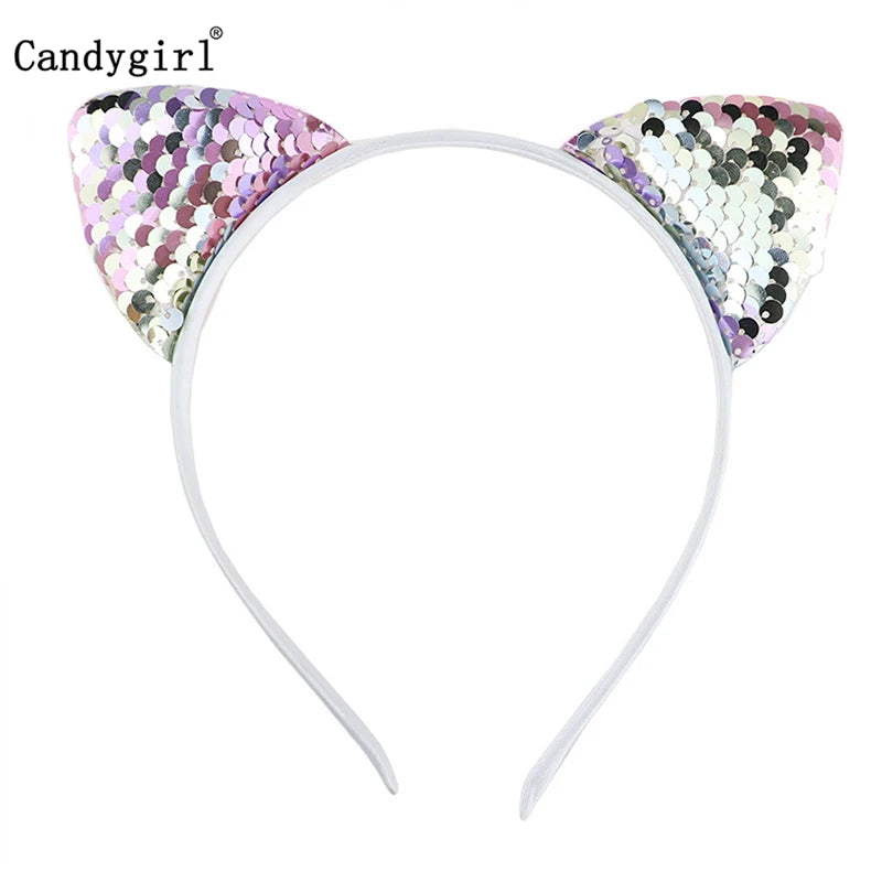 Reversible Sequin Cat Ears Headband Shiny Cute Cartoon Ear Hoops Bling Hairband Hair Accessories for Women Girls Daily Party