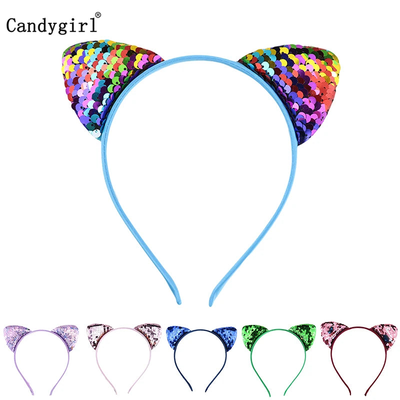 Reversible Sequin Cat Ears Headband Shiny Cute Cartoon Ear Hoops Bling Hairband Hair Accessories for Women Girls Daily Party