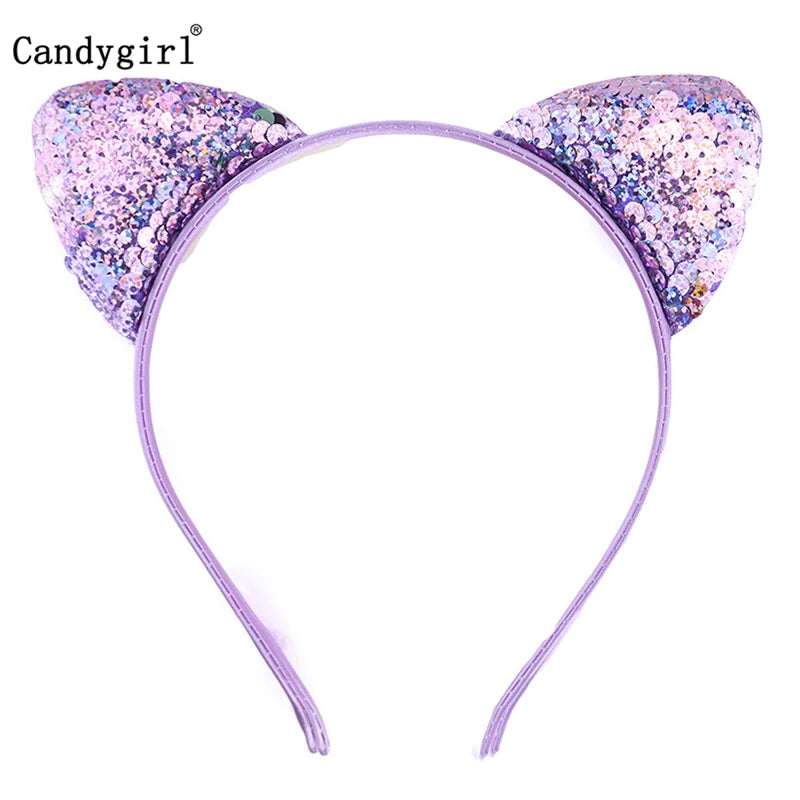 Reversible Sequin Cat Ears Headband Shiny Cute Cartoon Ear Hoops Bling Hairband Hair Accessories for Women Girls Daily Party