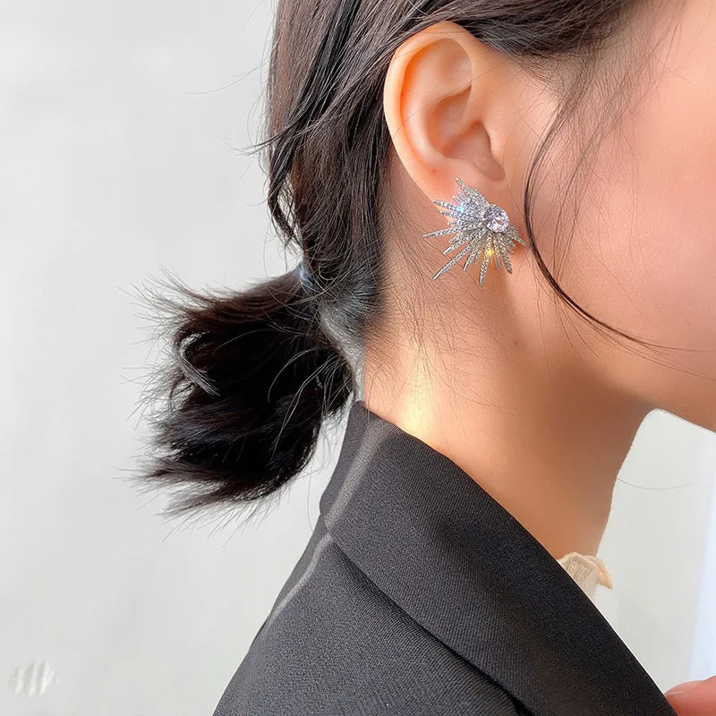 New Silver Color Big Plant Luxury Stud Earrings With Bling Zircon Stone For Women Fashion Jewelry Korean Earring Gift